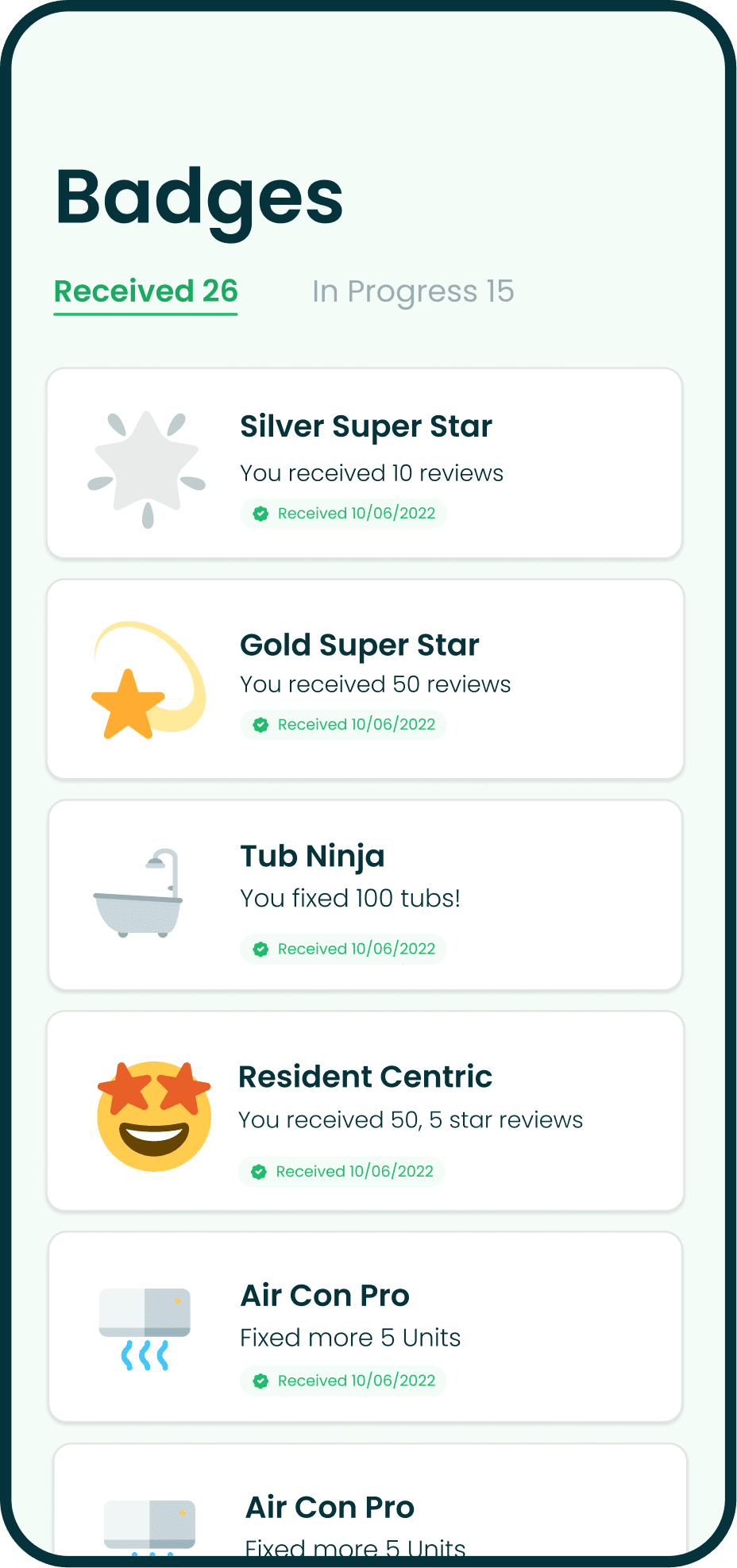 Appworks gamification feature with technician badges