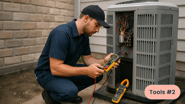 A maintenance worker using two meters to test an HVAC electrical issue. 