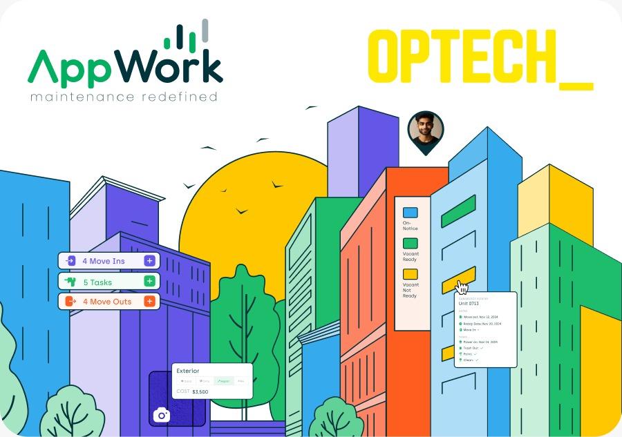 colorful buildings with appwork and optech logo in background