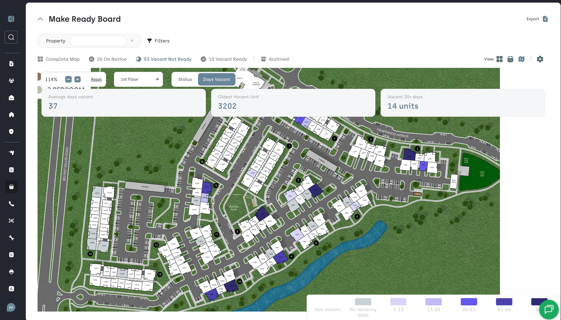 Days Vacant Heat Map, Built by AppWork on Engrain Property Maps
