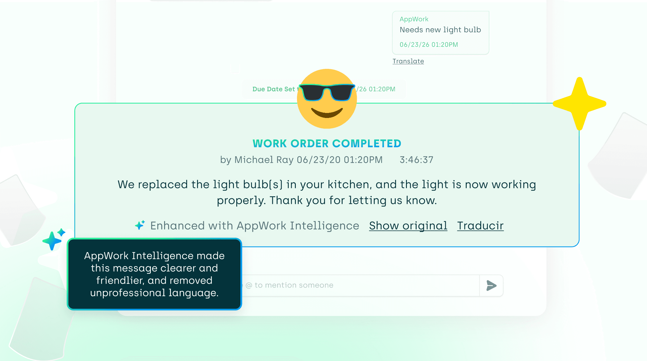 An example of AppWorks Intelligence enriching completion notes on a workorder