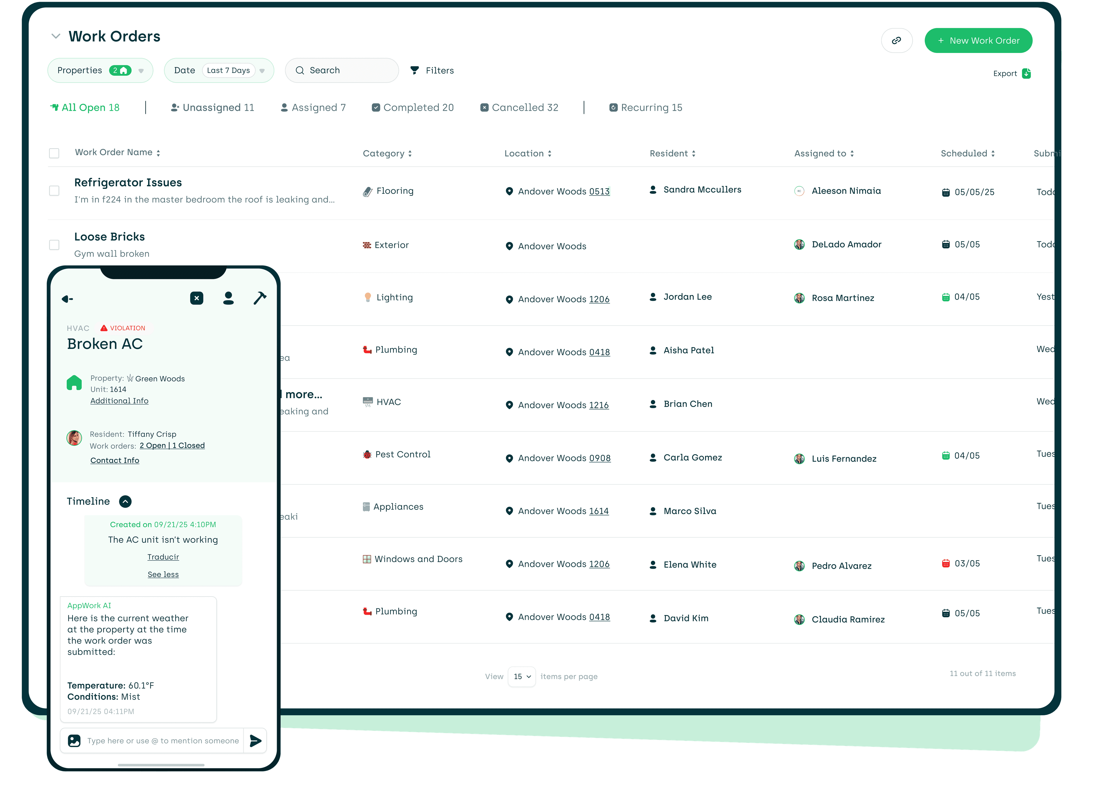 Appworks work order index page and a screenshot of a work order on the tech app