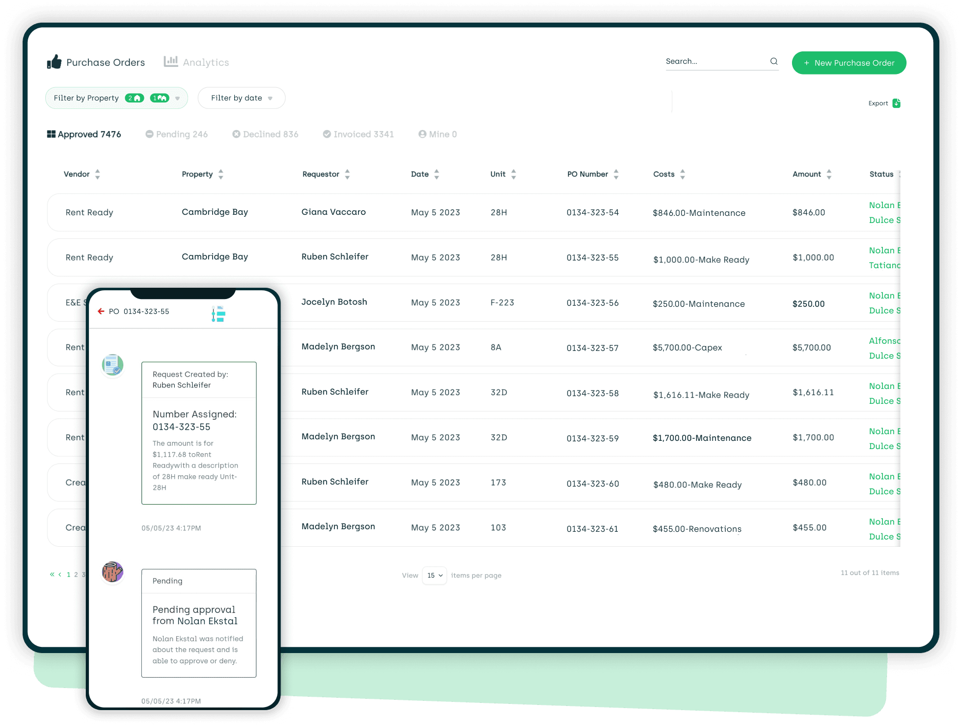 screenshot of our purchase orders module on desktop and mobile device