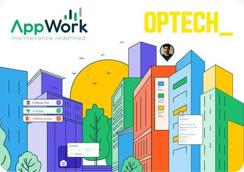 colorful buildings with appwork and optech logo in background