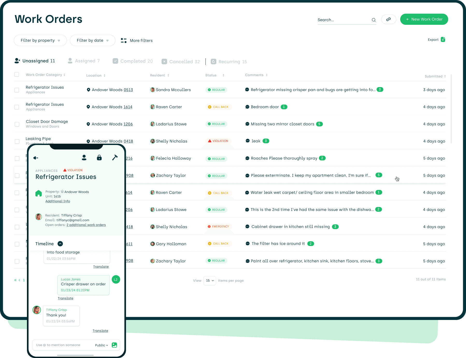 screenshot of our work order index page on a desktop and a work order in the tech app