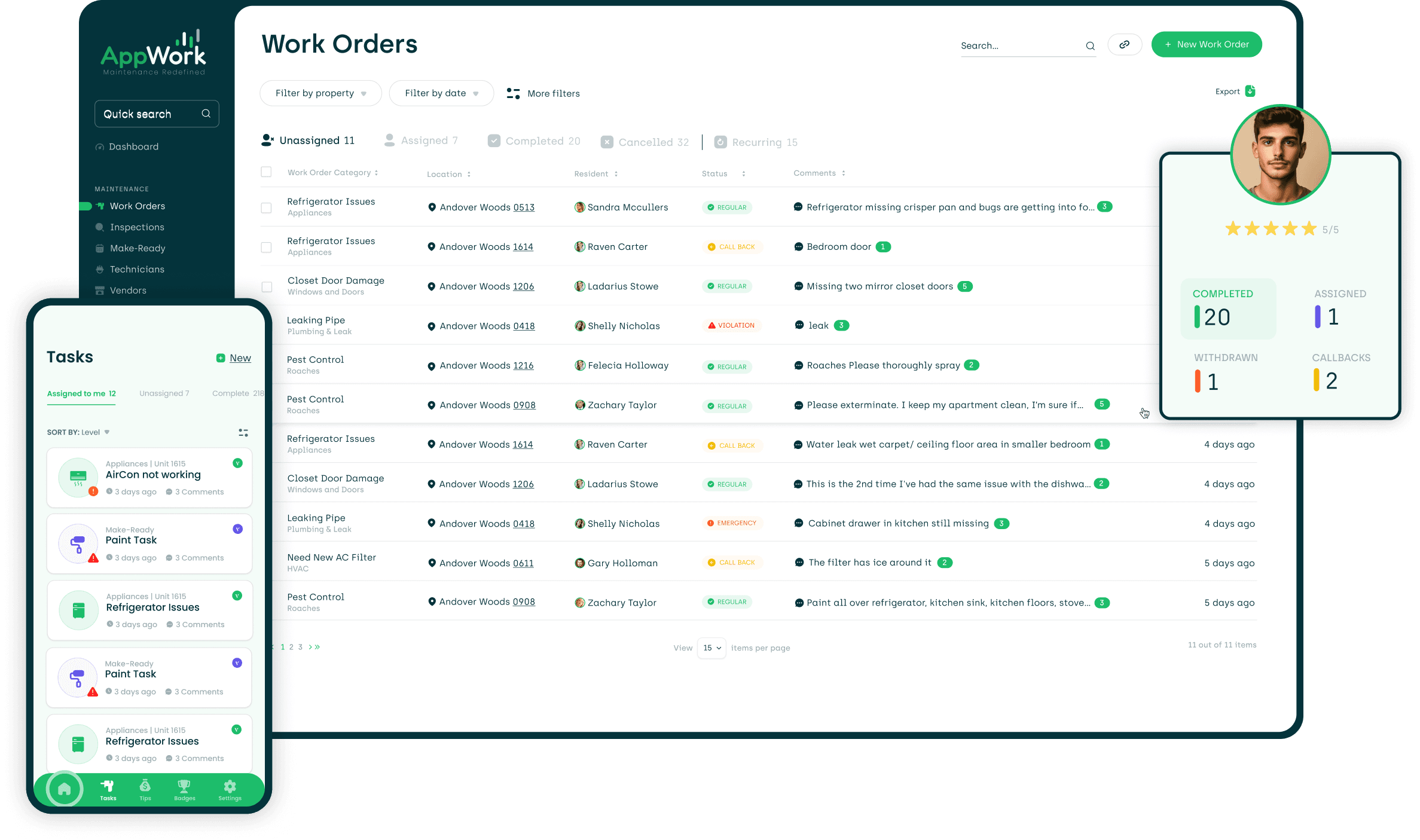screenshot of the AppWork admin portal and technician app