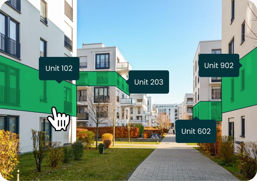 buildings with units highlighted green