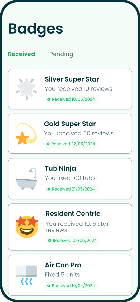 Appworks gamification feature with technician badges